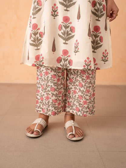 Ivory Pink Floral Print Kurta with Palazzo and Dupatta Set