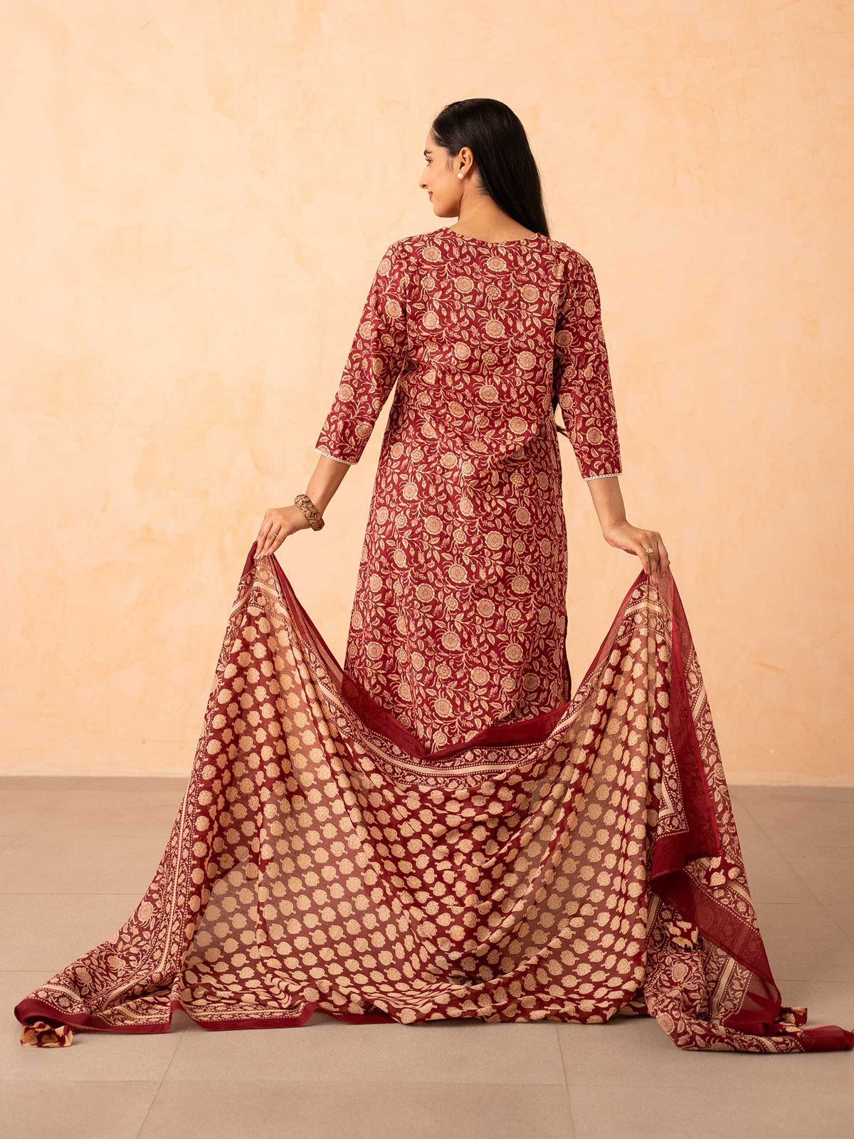 Maroon Floral Print Kurta with Palazzo and Dupatta Set