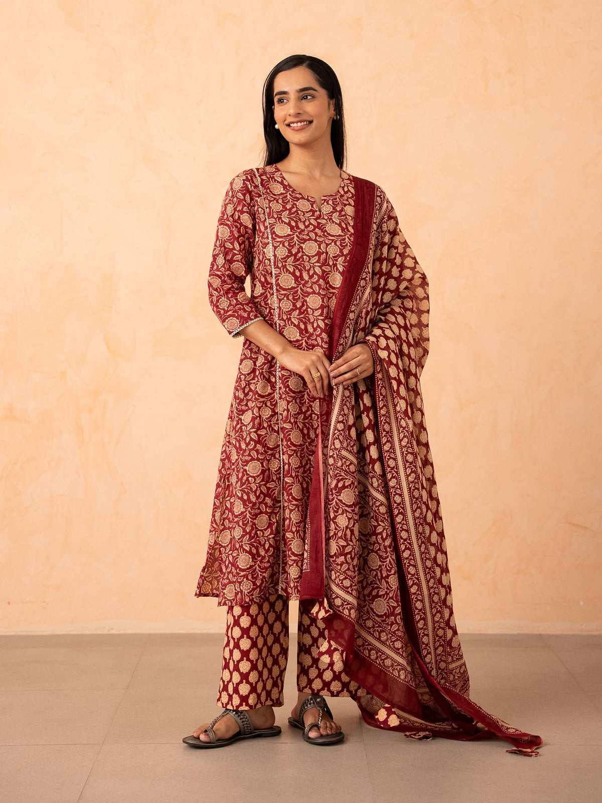 Maroon Floral Print Kurta with Palazzo and Dupatta Set