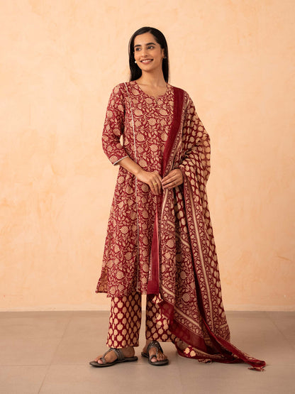 Maroon Floral Print Kurta with Palazzo and Dupatta Set