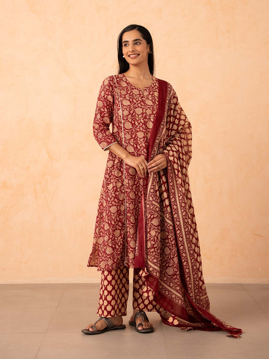 Maroon Floral Print Kurta with Palazzo and Dupatta Set