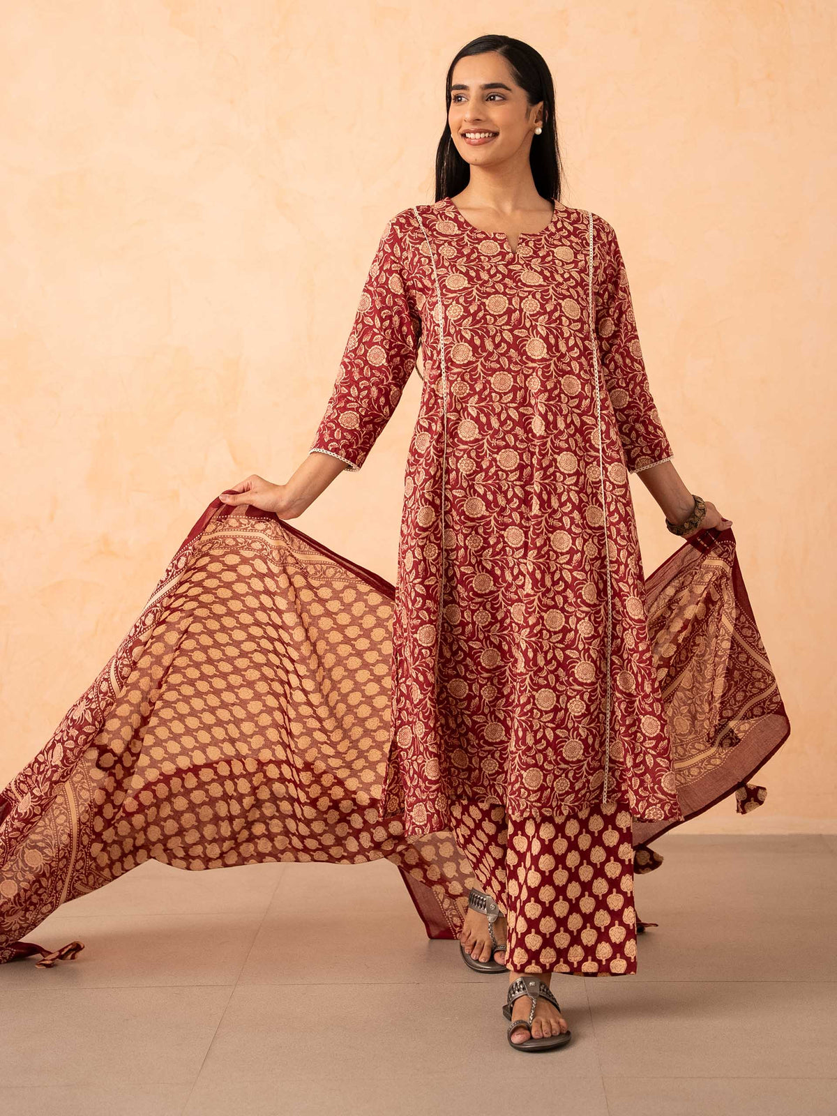 Maroon Floral Print Kurta with Palazzo and Dupatta Set