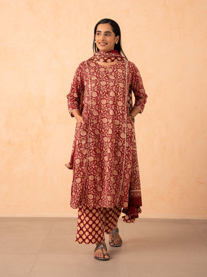 Maroon Floral Print Kurta with Palazzo and Dupatta Set