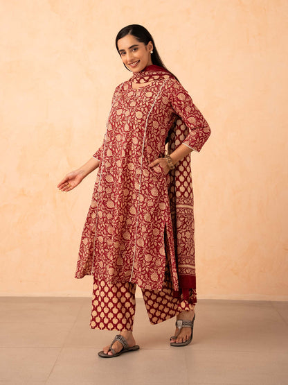 Maroon Floral Print Kurta with Palazzo and Dupatta Set