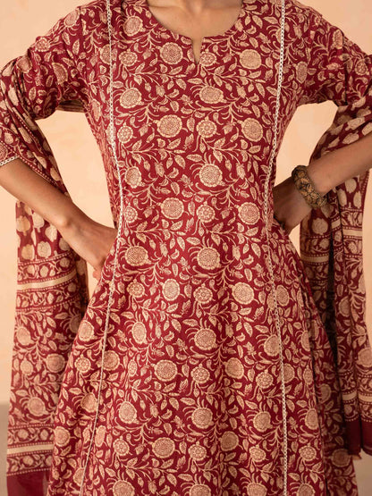 Maroon Floral Print Kurta with Palazzo and Dupatta Set