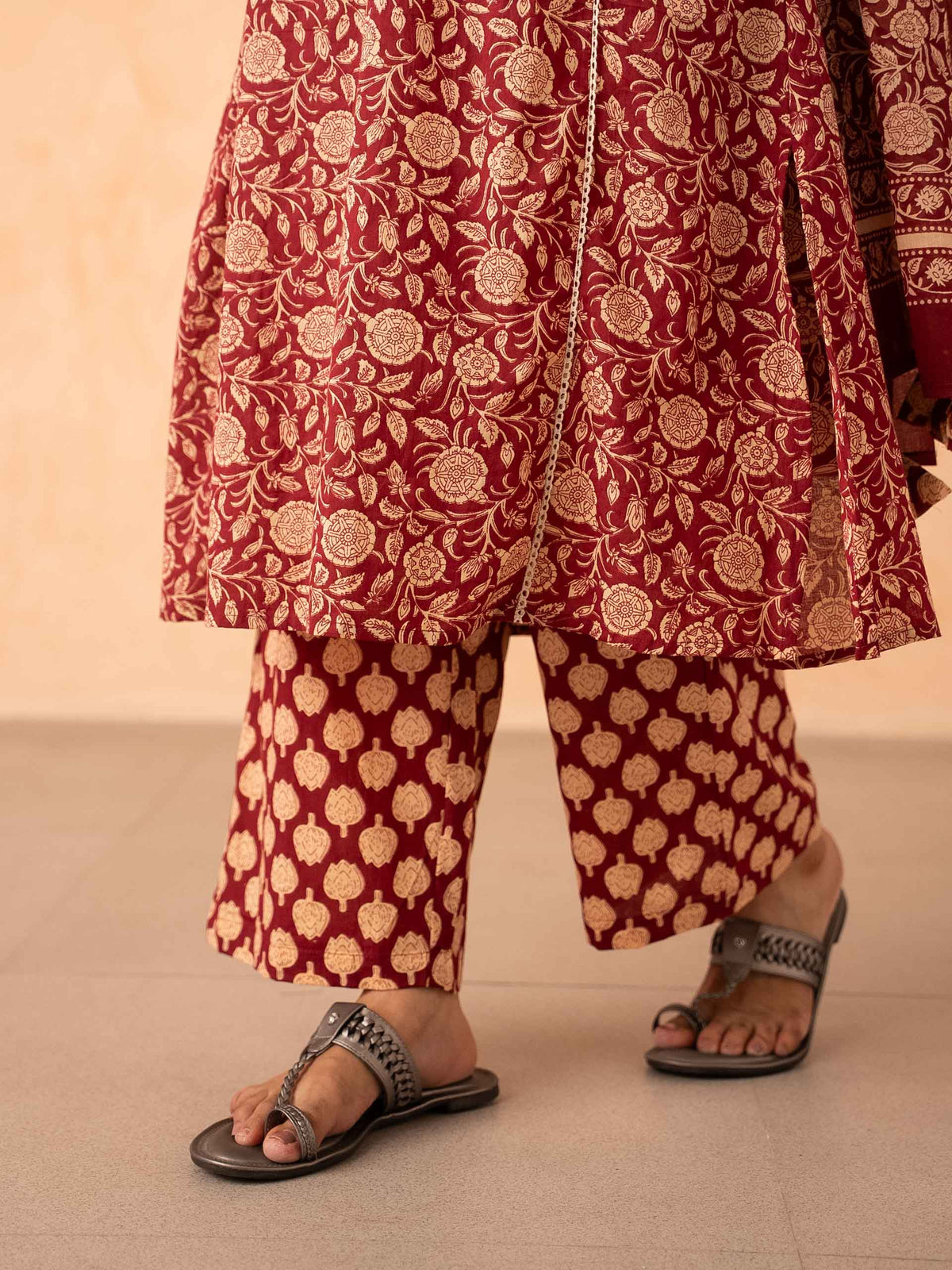 Maroon Floral Print Kurta with Palazzo and Dupatta Set