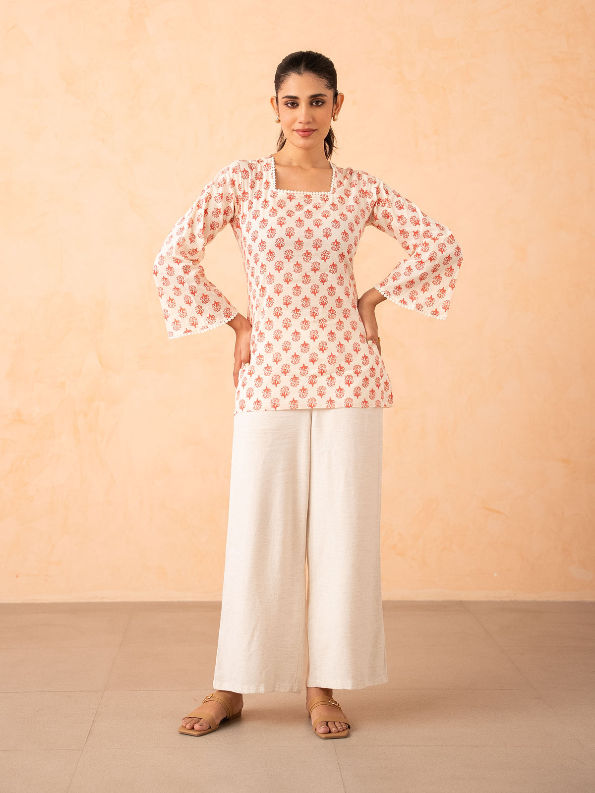 Ivory & Pink Floral motif Print Top with Bell Sleeves and Corset Back