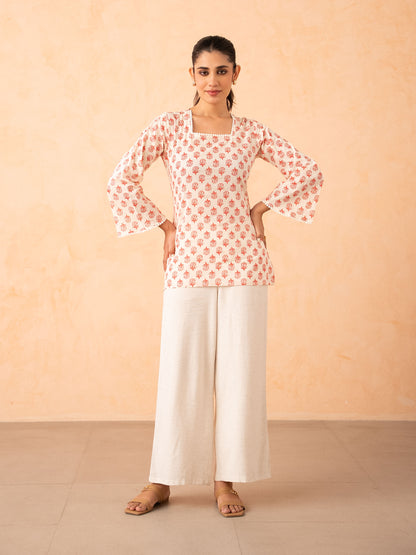 Ivory & Pink Floral motif Print Top with Bell Sleeves and Corset Back