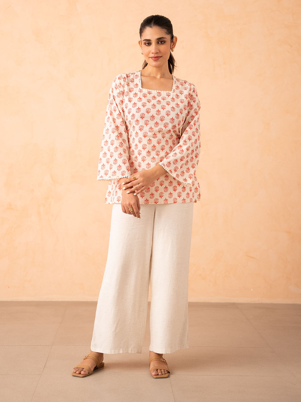 Ivory & Pink Floral motif Print Top with Bell Sleeves and Corset Back