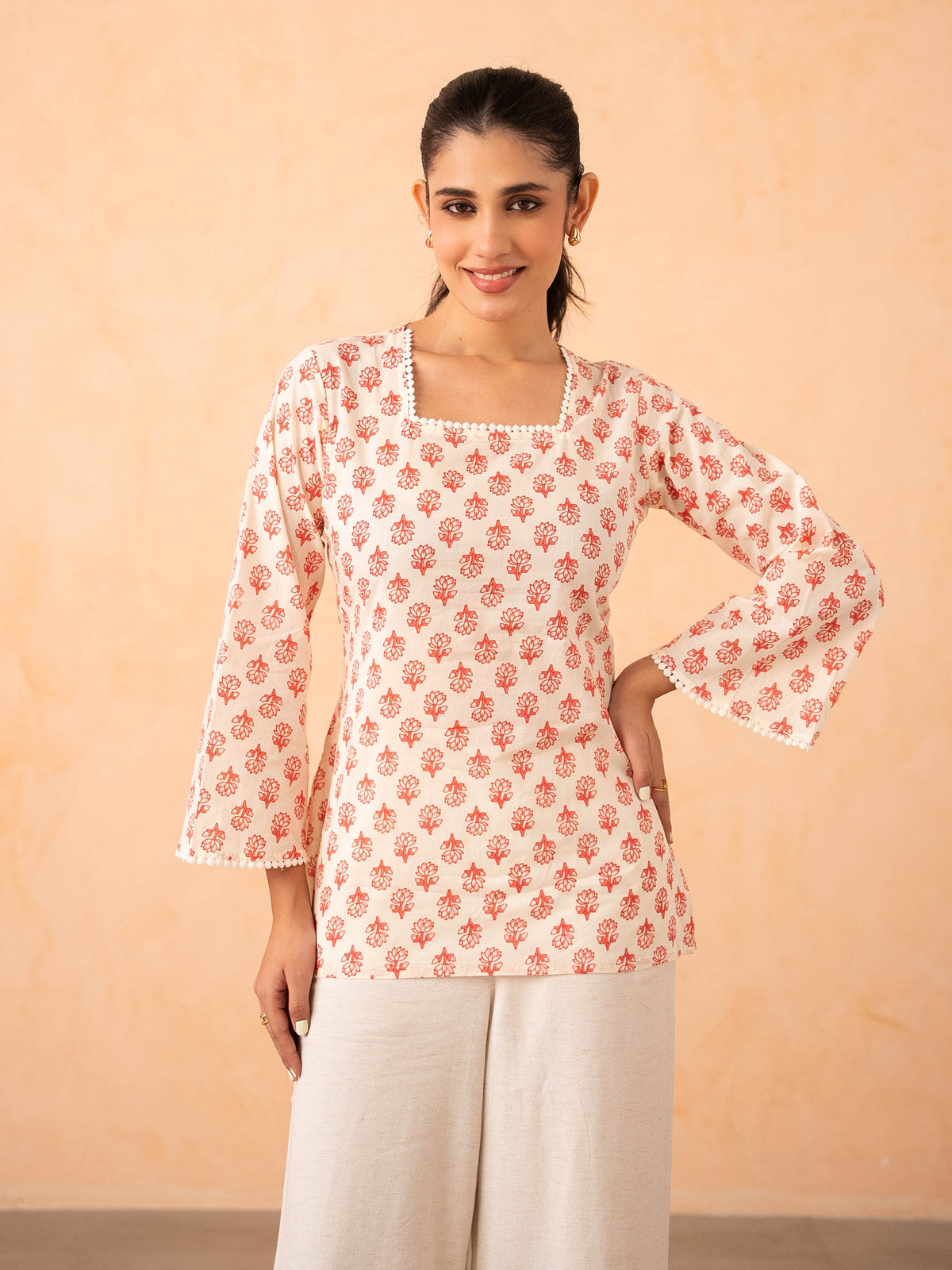 Ivory & Pink Floral motif Print Top with Bell Sleeves and Corset Back
