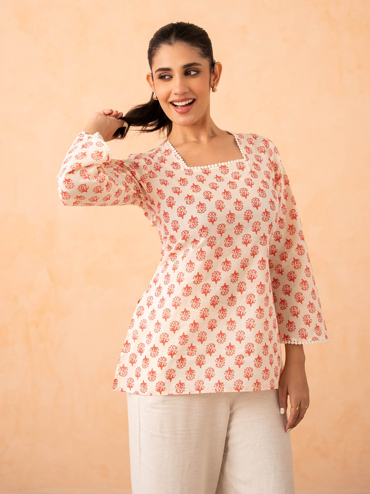 Ivory & Pink Floral motif Print Top with Bell Sleeves and Corset Back