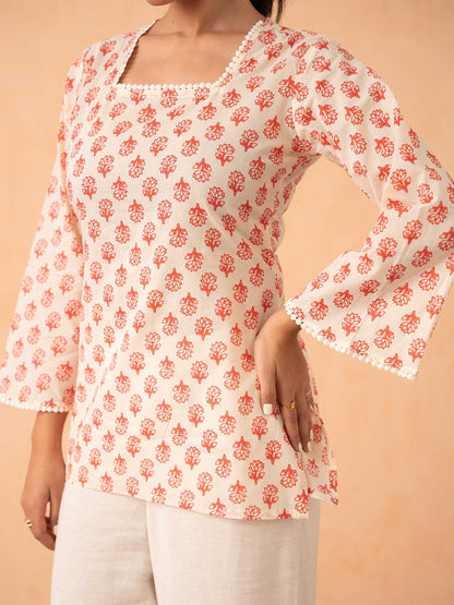 Ivory & Pink Floral motif Print Top with Bell Sleeves and Corset Back