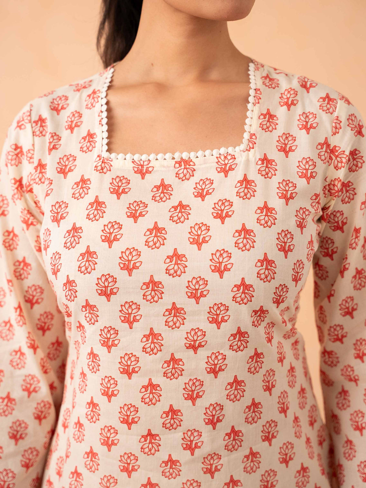 Ivory & Pink Floral motif Print Top with Bell Sleeves and Corset Back