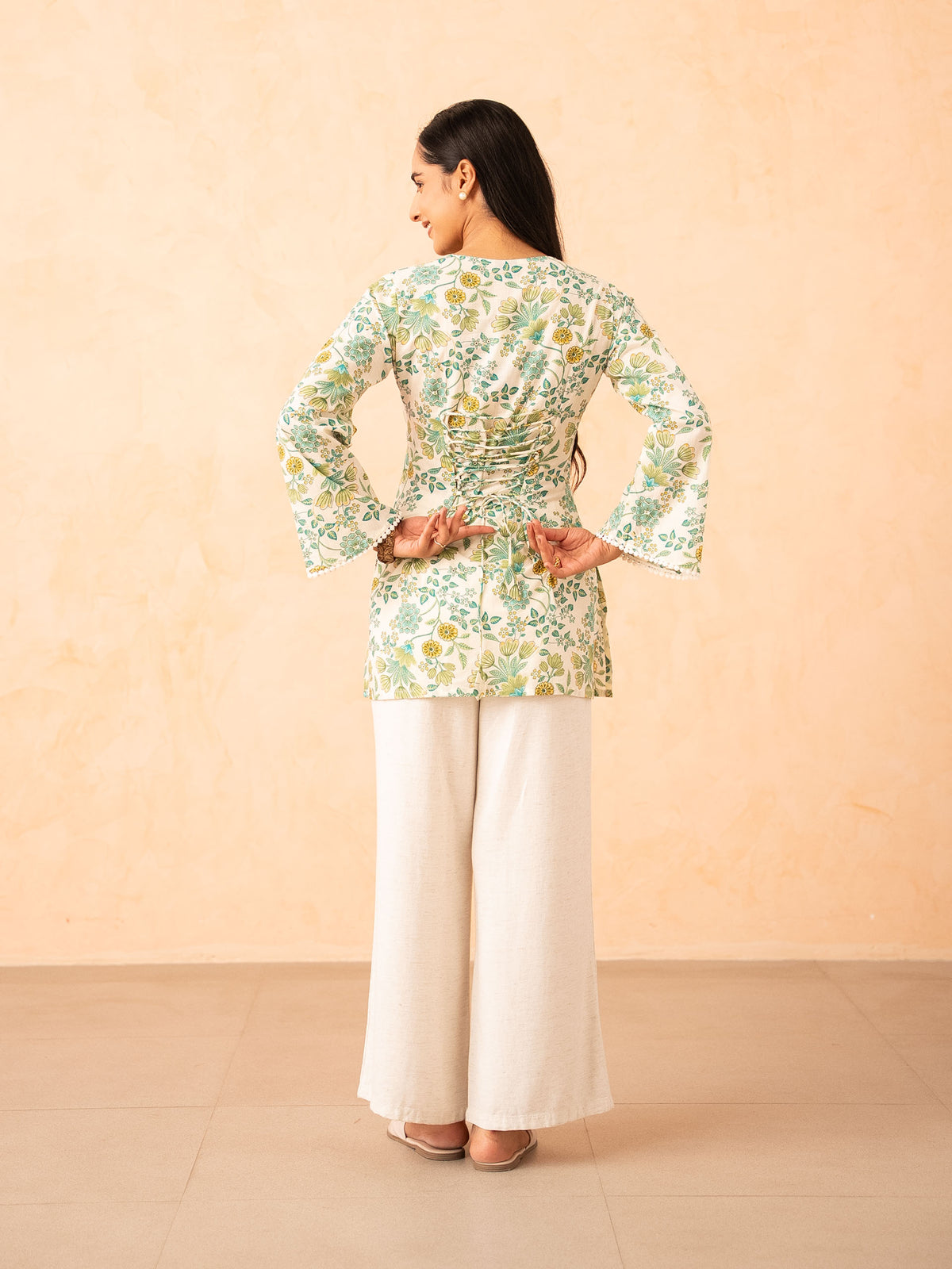 Ivory Green Floral Print Top with Bell Sleeves and Corset Back