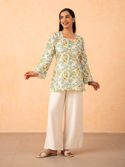Ivory Green Floral Print Top with Bell Sleeves and Corset Back