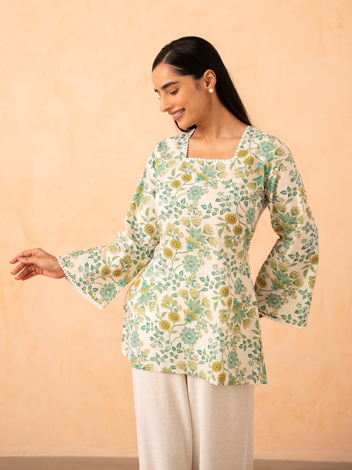 Ivory Green Floral Print Top with Bell Sleeves and Corset Back