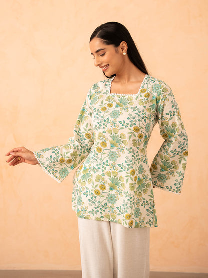 Ivory Green Floral Print Top with Bell Sleeves and Corset Back