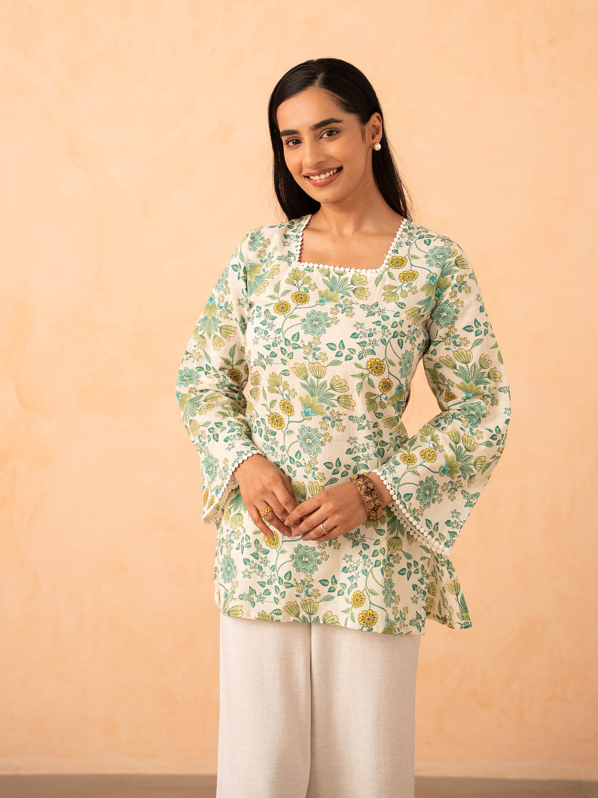 Ivory Green Floral Print Top with Bell Sleeves and Corset Back