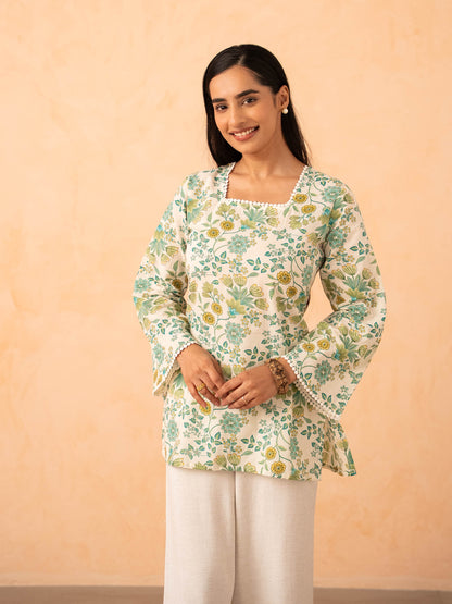 Ivory Green Floral Print Top with Bell Sleeves and Corset Back