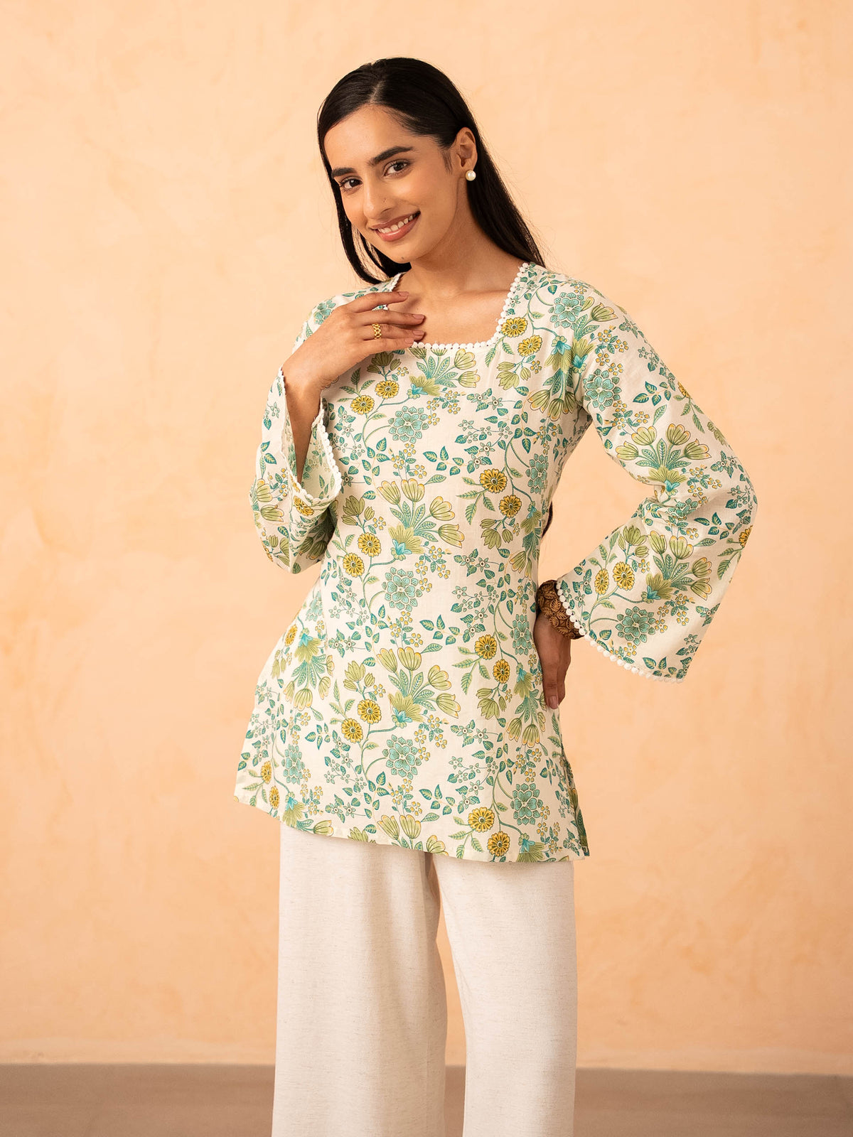 Ivory Green Floral Print Top with Bell Sleeves and Corset Back