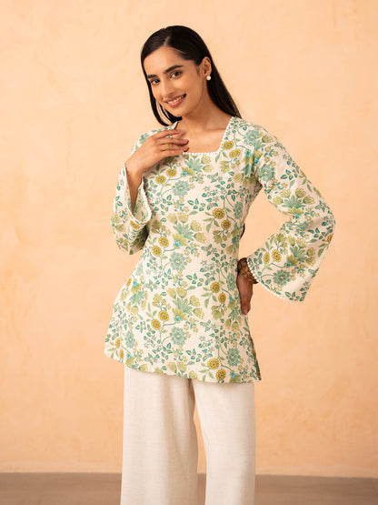 Ivory Green Floral Print Top with Bell Sleeves and Corset Back
