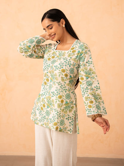 Ivory Green Floral Print Top with Bell Sleeves and Corset Back