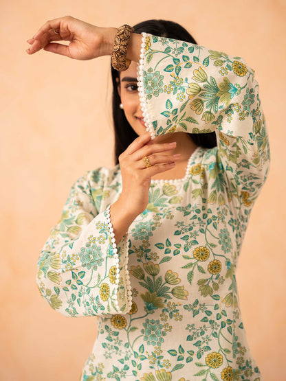 Ivory Green Floral Print Top with Bell Sleeves and Corset Back