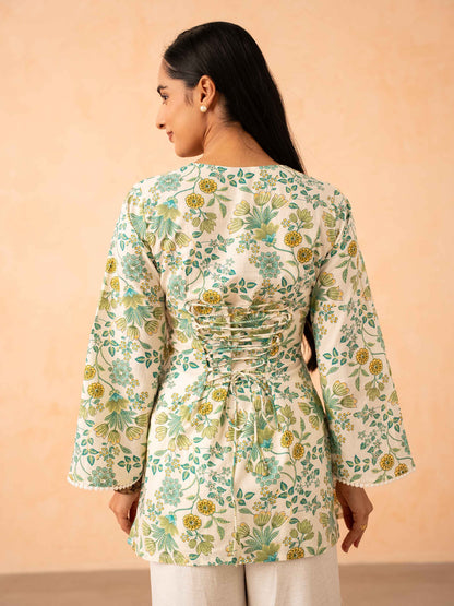Ivory Green Floral Print Top with Bell Sleeves and Corset Back