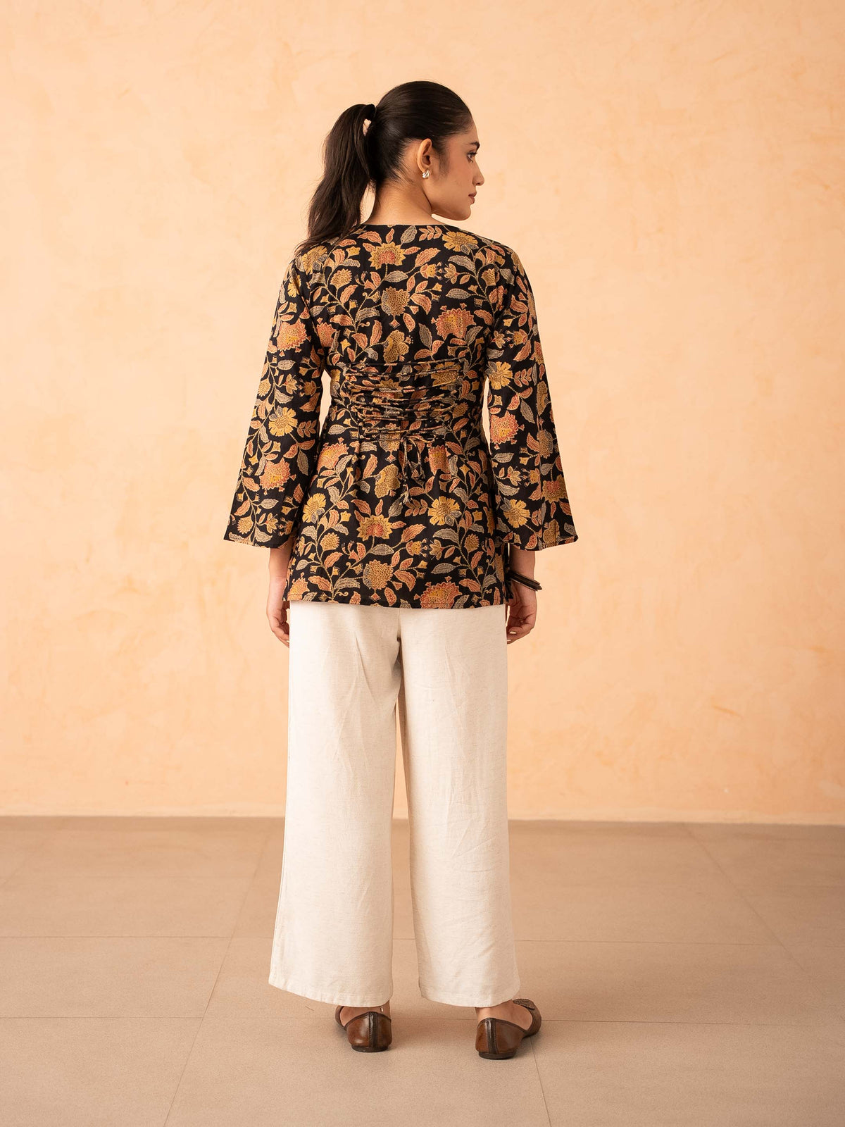 Black Floral Print Top with Bell Sleeves and Corset Back