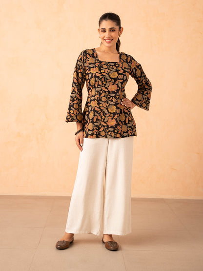 Black Floral Print Top with Bell Sleeves and Corset Back