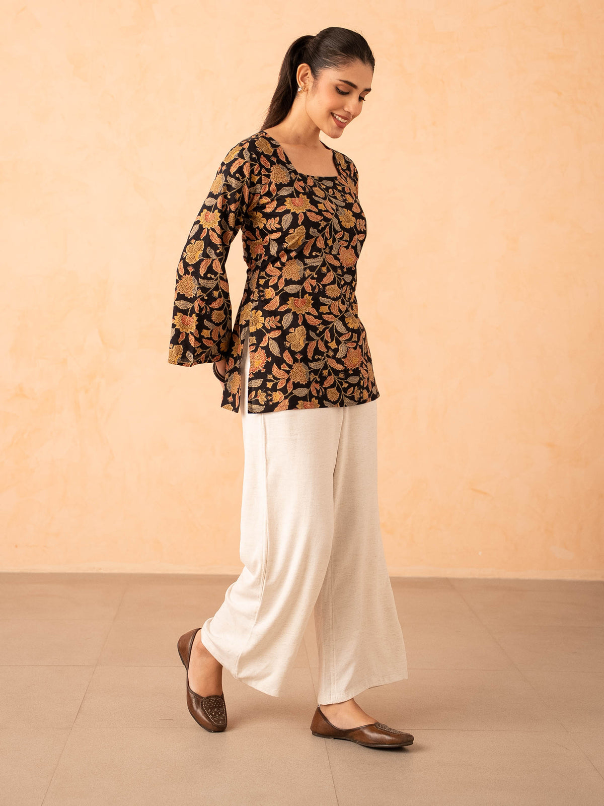 Black Floral Print Top with Bell Sleeves and Corset Back