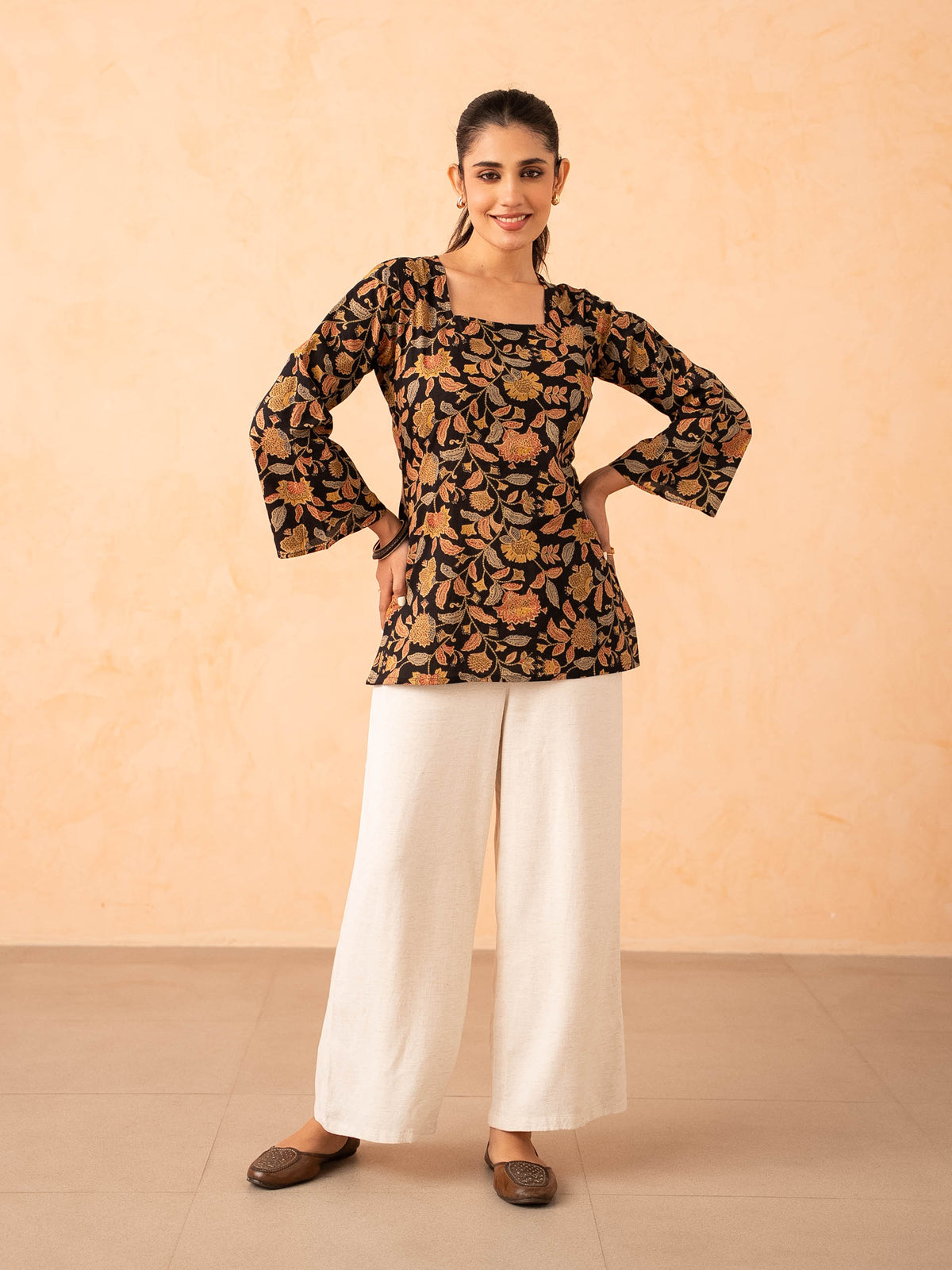 Black Floral Print Top with Bell Sleeves and Corset Back