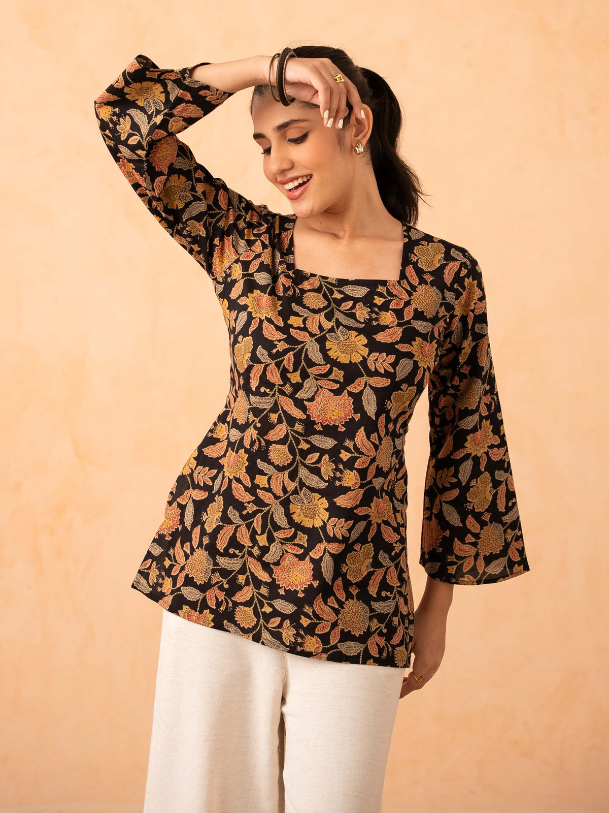Black Floral Print Top with Bell Sleeves and Corset Back