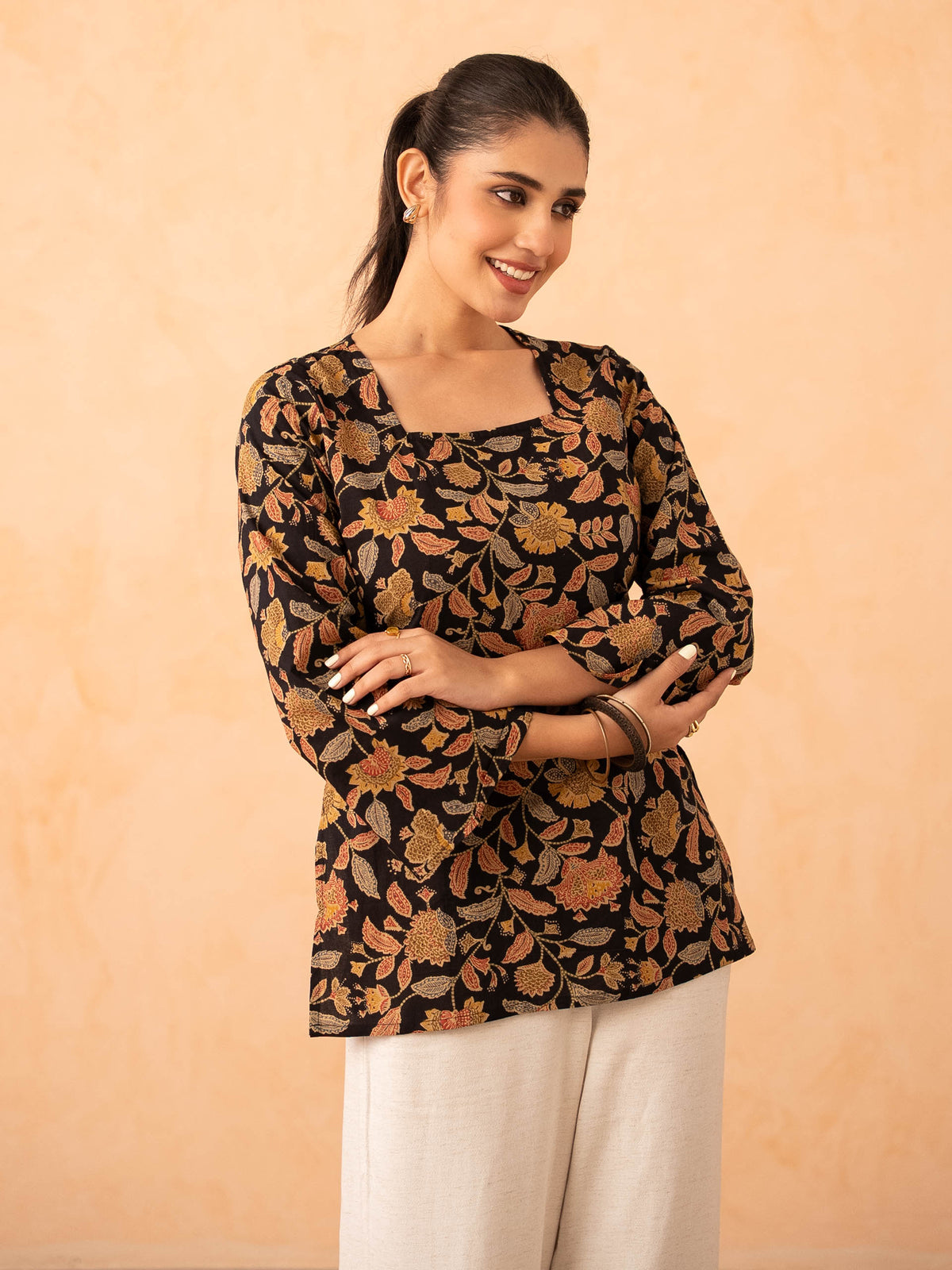 Black Floral Print Top with Bell Sleeves and Corset Back