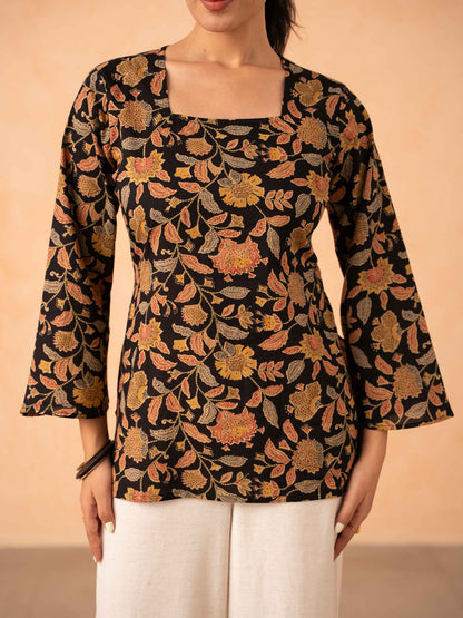 Black Floral Print Top with Bell Sleeves and Corset Back
