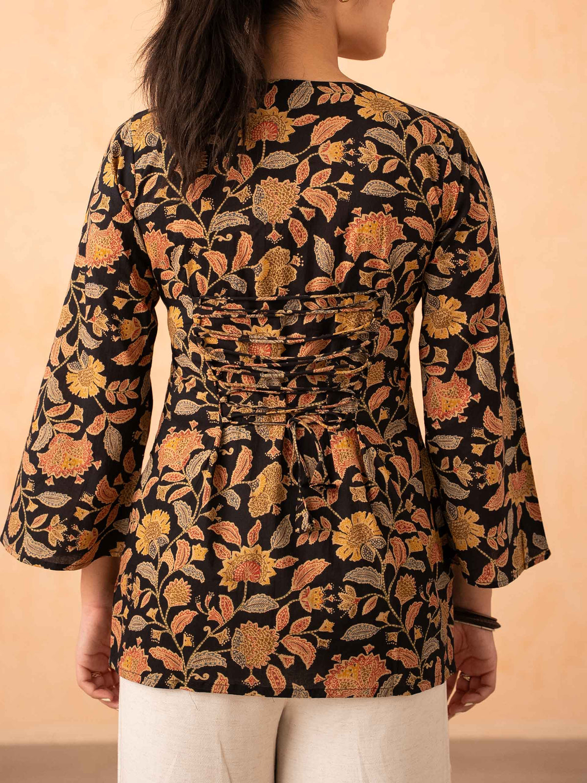 Black Floral Print Top with Bell Sleeves and Corset Back