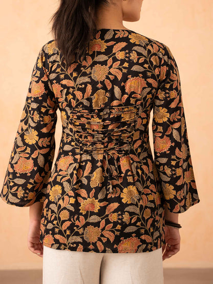 Black Floral Print Top with Bell Sleeves and Corset Back