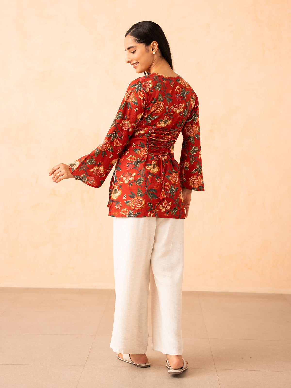 Rust Red Floral Print Top with Bell Sleeves and Corset Back