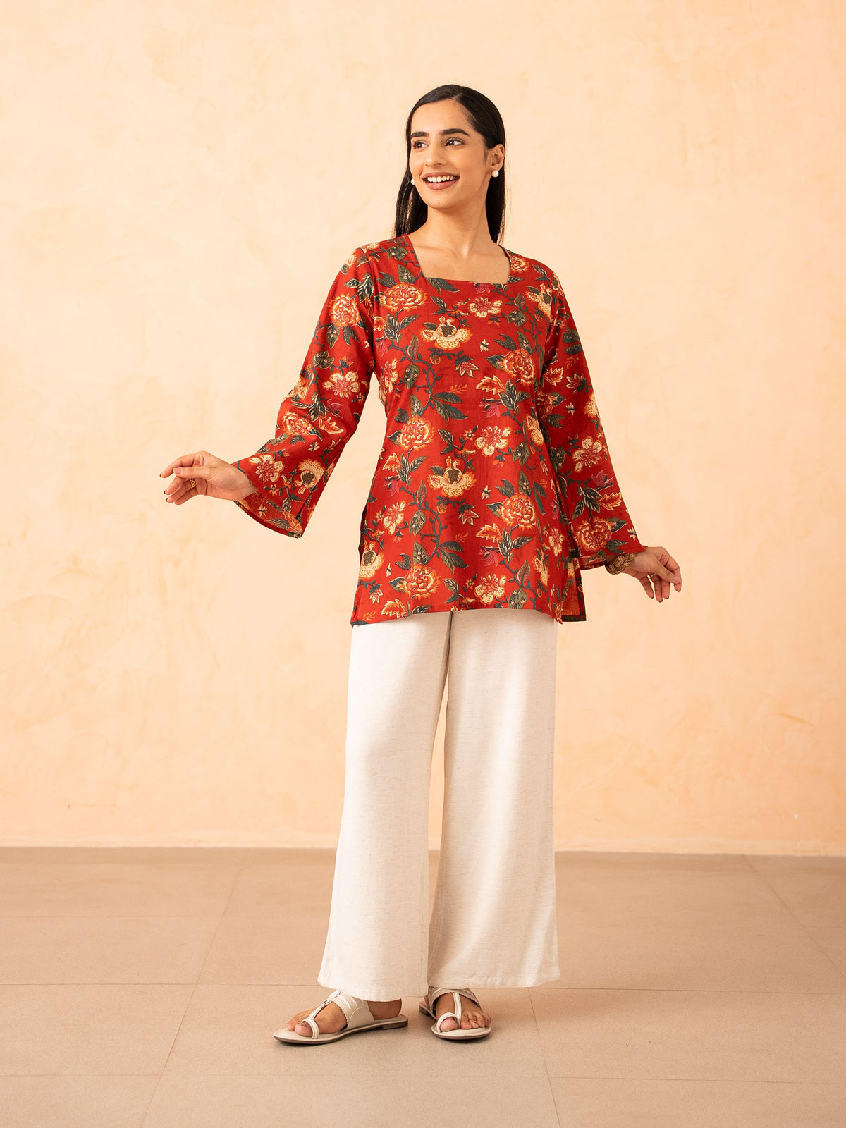 Rust Red Floral Print Top with Bell Sleeves and Corset Back