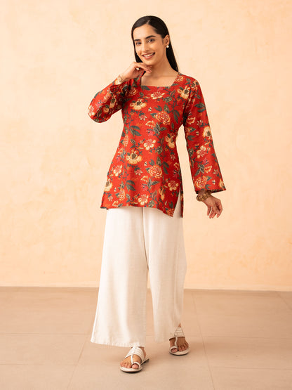 Rust Red Floral Print Top with Bell Sleeves and Corset Back