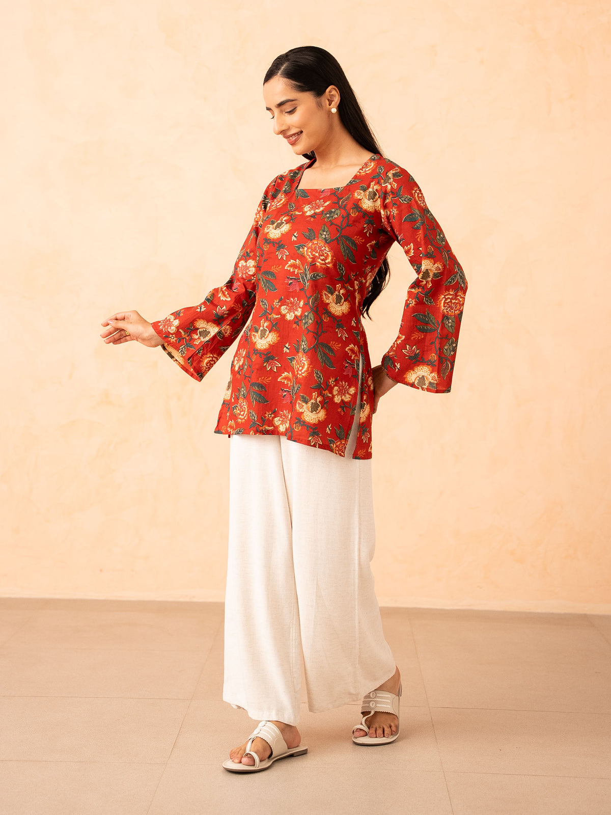 Rust Red Floral Print Top with Bell Sleeves and Corset Back