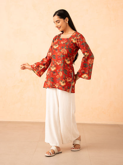 Rust Red Floral Print Top with Bell Sleeves and Corset Back