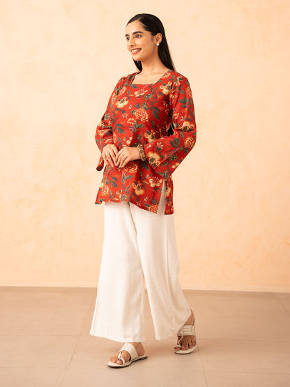 Rust Red Floral Print Top with Bell Sleeves and Corset Back