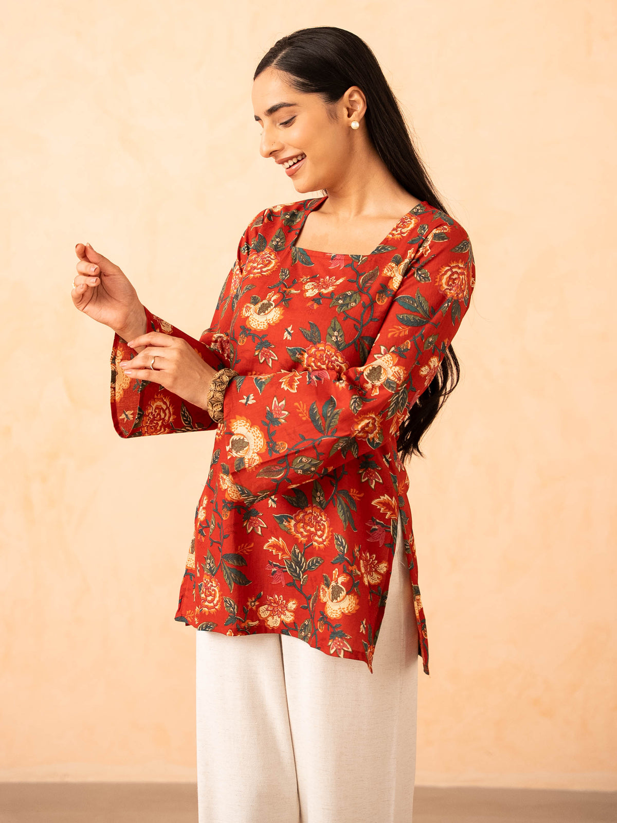 Rust Red Floral Print Top with Bell Sleeves and Corset Back