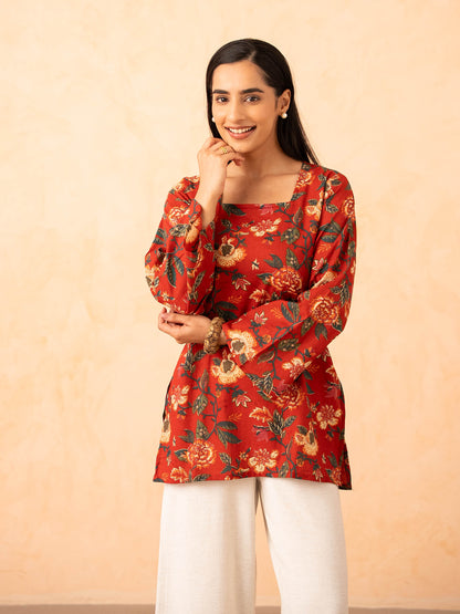 Rust Red Floral Print Top with Bell Sleeves and Corset Back