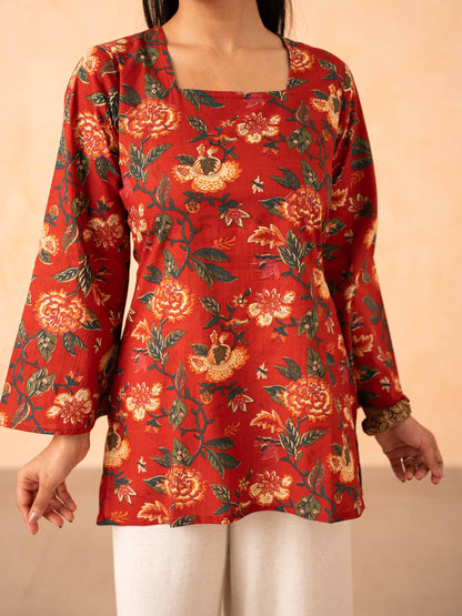 Rust Red Floral Print Top with Bell Sleeves and Corset Back