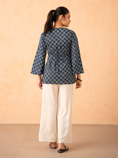 Navy Blue Printed Top with Bell Sleeves and Corset Back