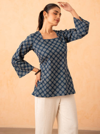 Navy Blue Printed Top with Bell Sleeves and Corset Back
