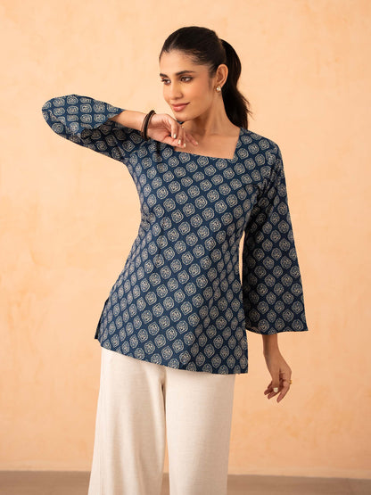 Navy Blue Printed Top with Bell Sleeves and Corset Back