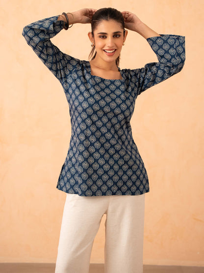 Navy Blue Printed Top with Bell Sleeves and Corset Back